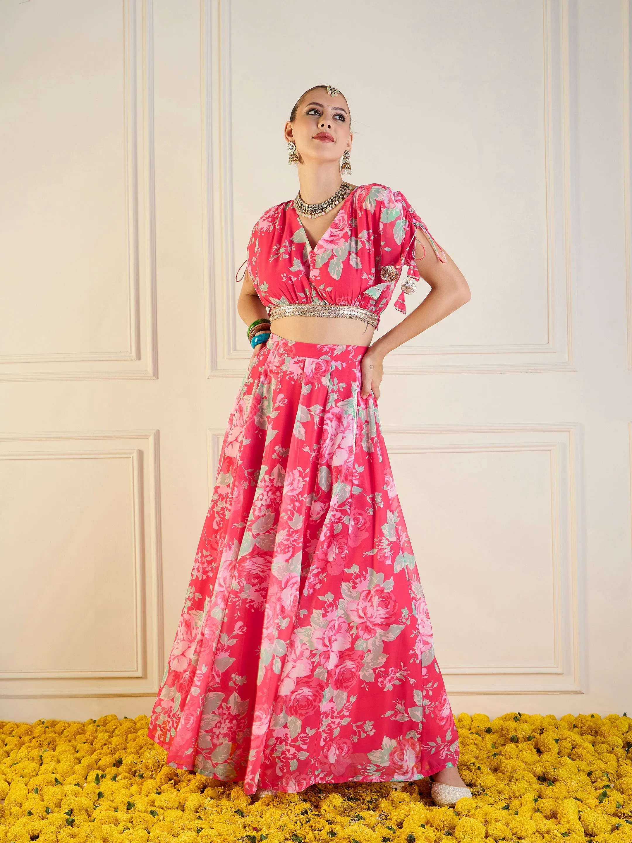 Women Red Floral Anarkali Skirt With Crop Top