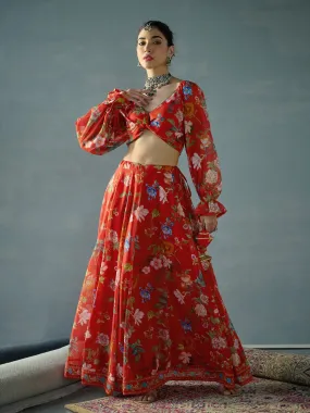 Women Red Floral Back Smocking Crop Top With Anarkali Skirt