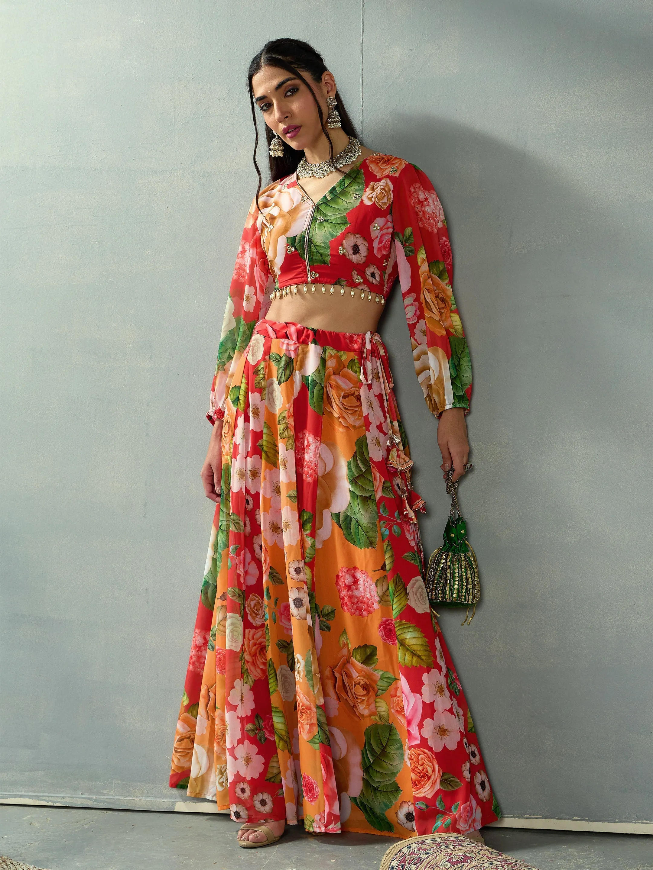 Women Red Floral V Neck Crop Top With Anarkali Skirt