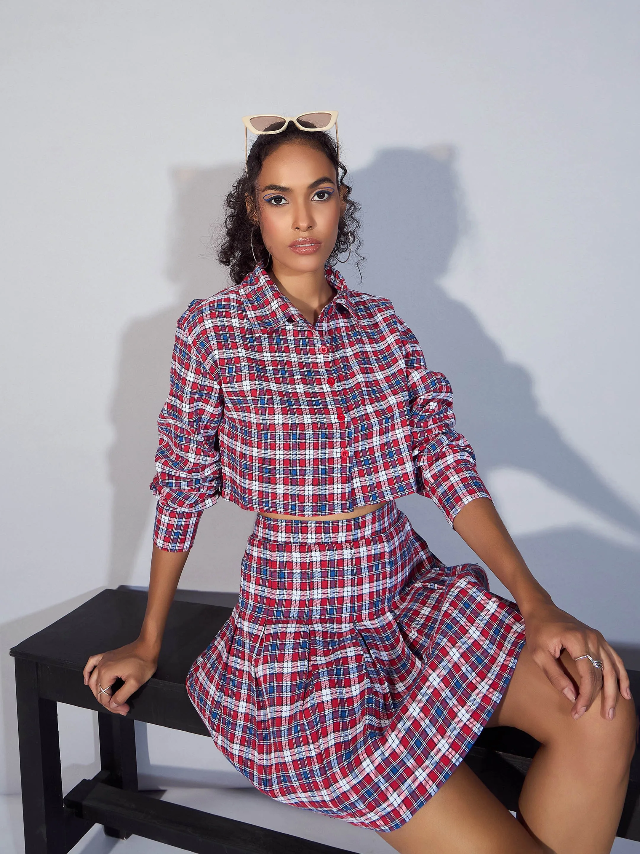 Women Red Yarndyed Check Crop Shirt With Mini Skirt