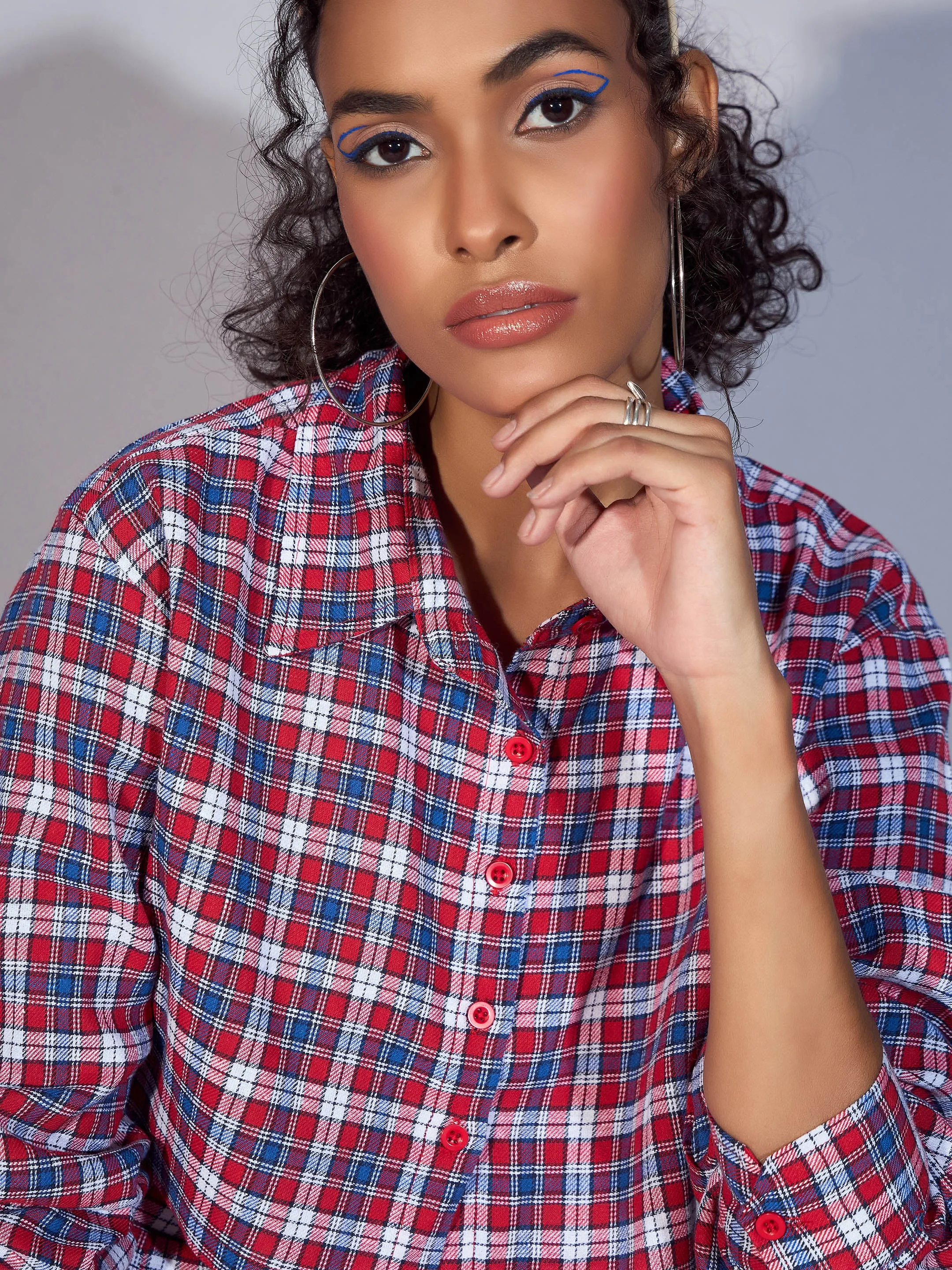 Women Red Yarndyed Check Crop Shirt With Mini Skirt