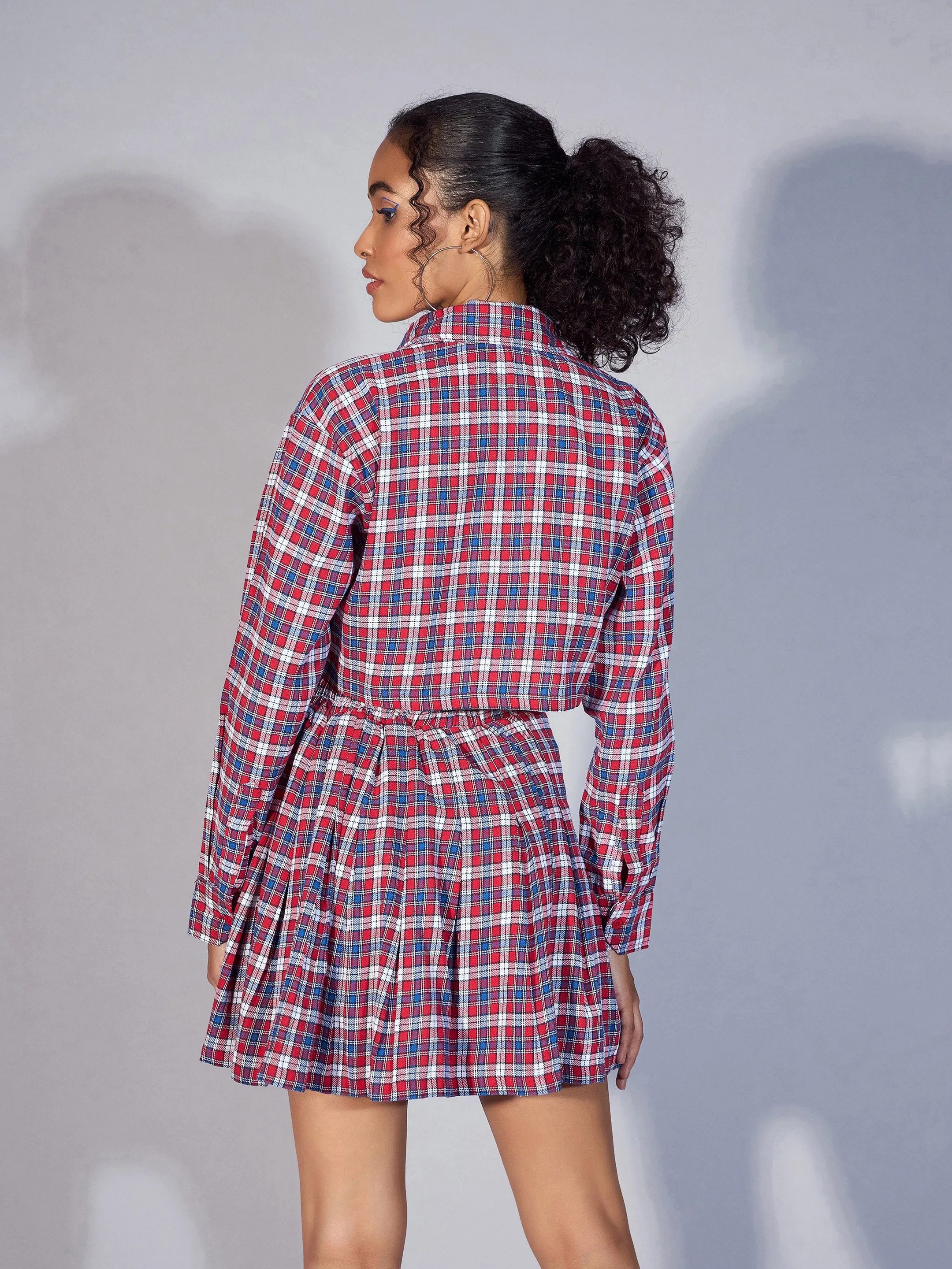 Women Red Yarndyed Check Crop Shirt With Mini Skirt