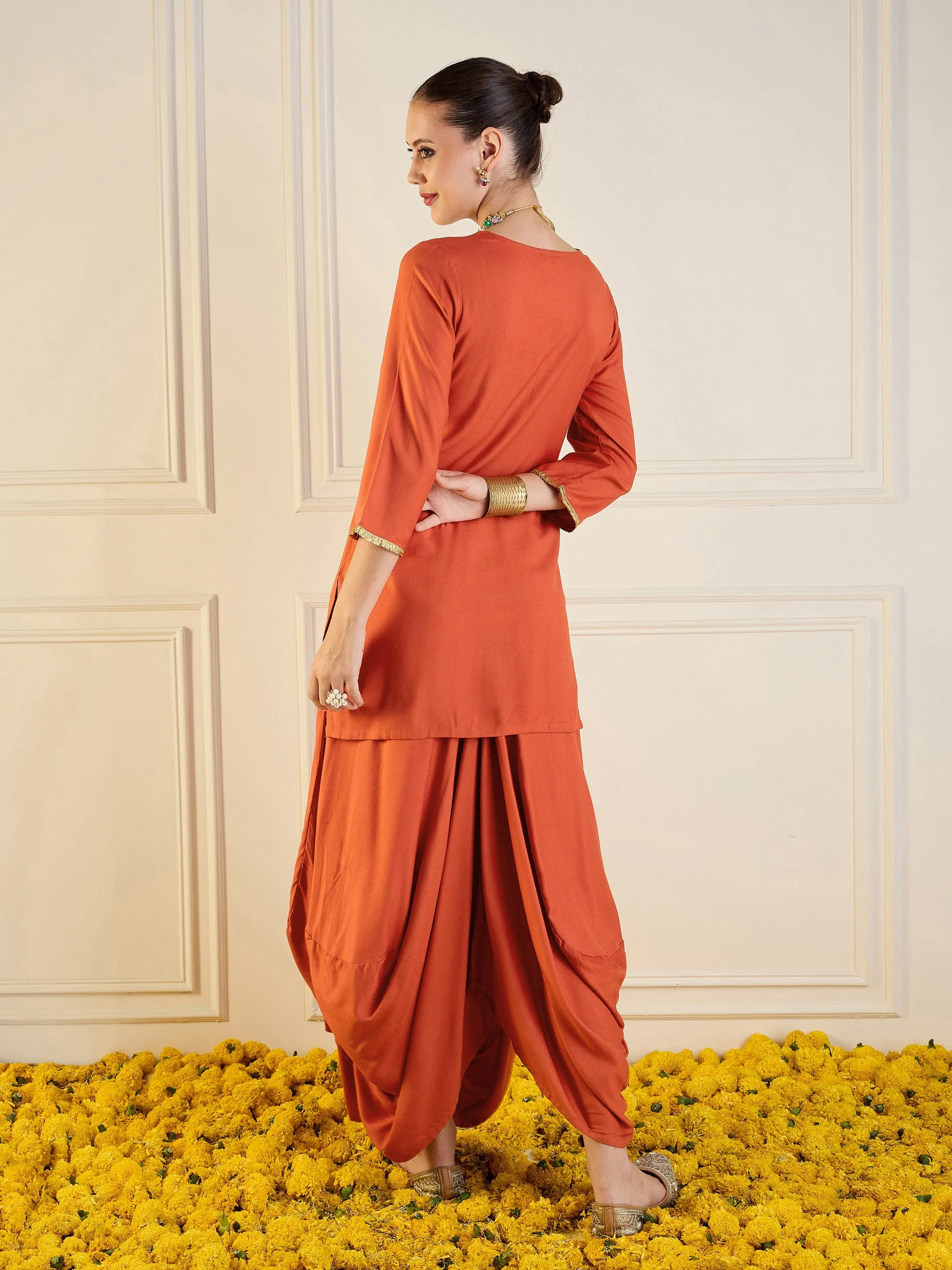 Women Rust Rayon Embroidered Short Kurta With Dhoti Skirt