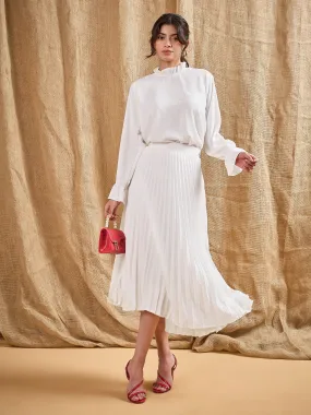 Women White Ruffled Neck Blouse With Pleated Skirt