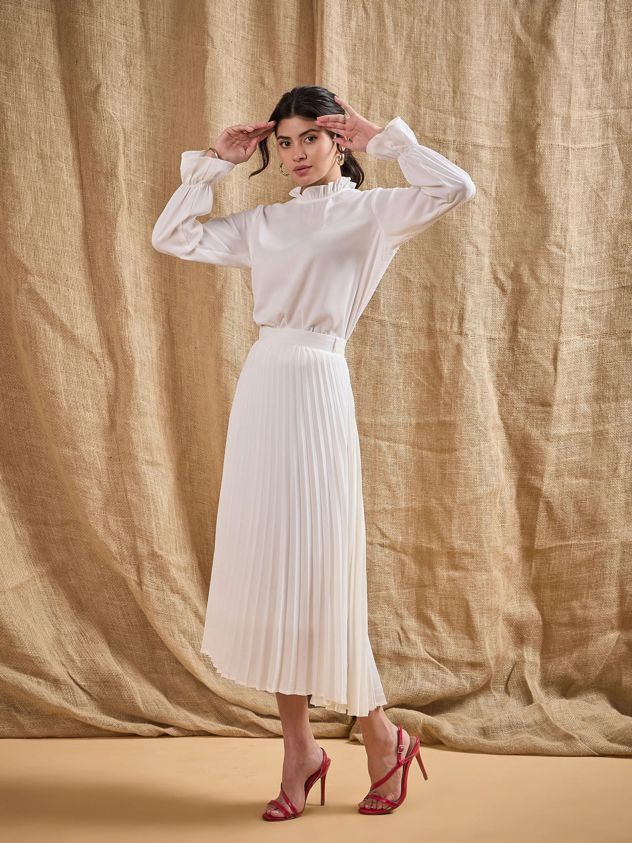 Women White Ruffled Neck Blouse With Pleated Skirt