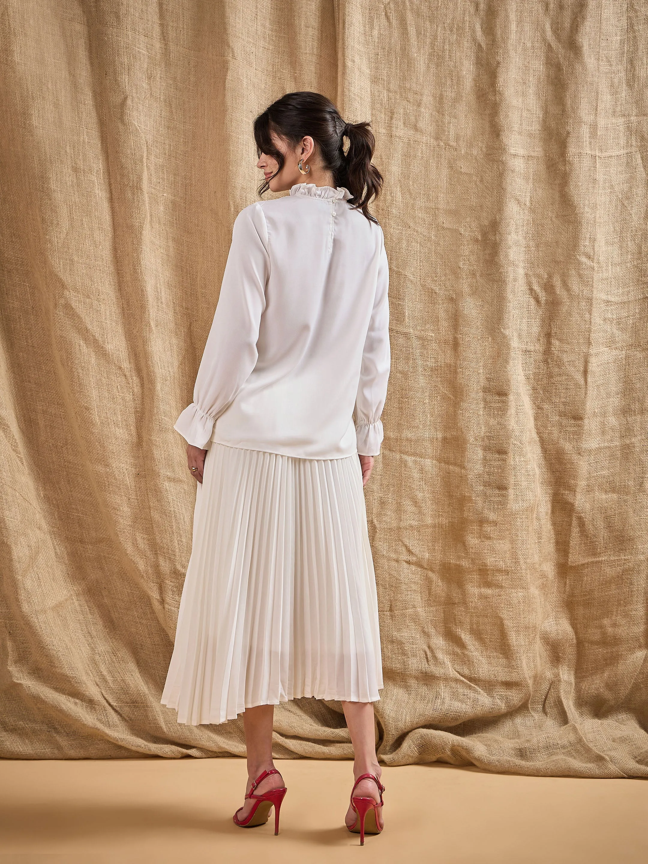 Women White Ruffled Neck Blouse With Pleated Skirt