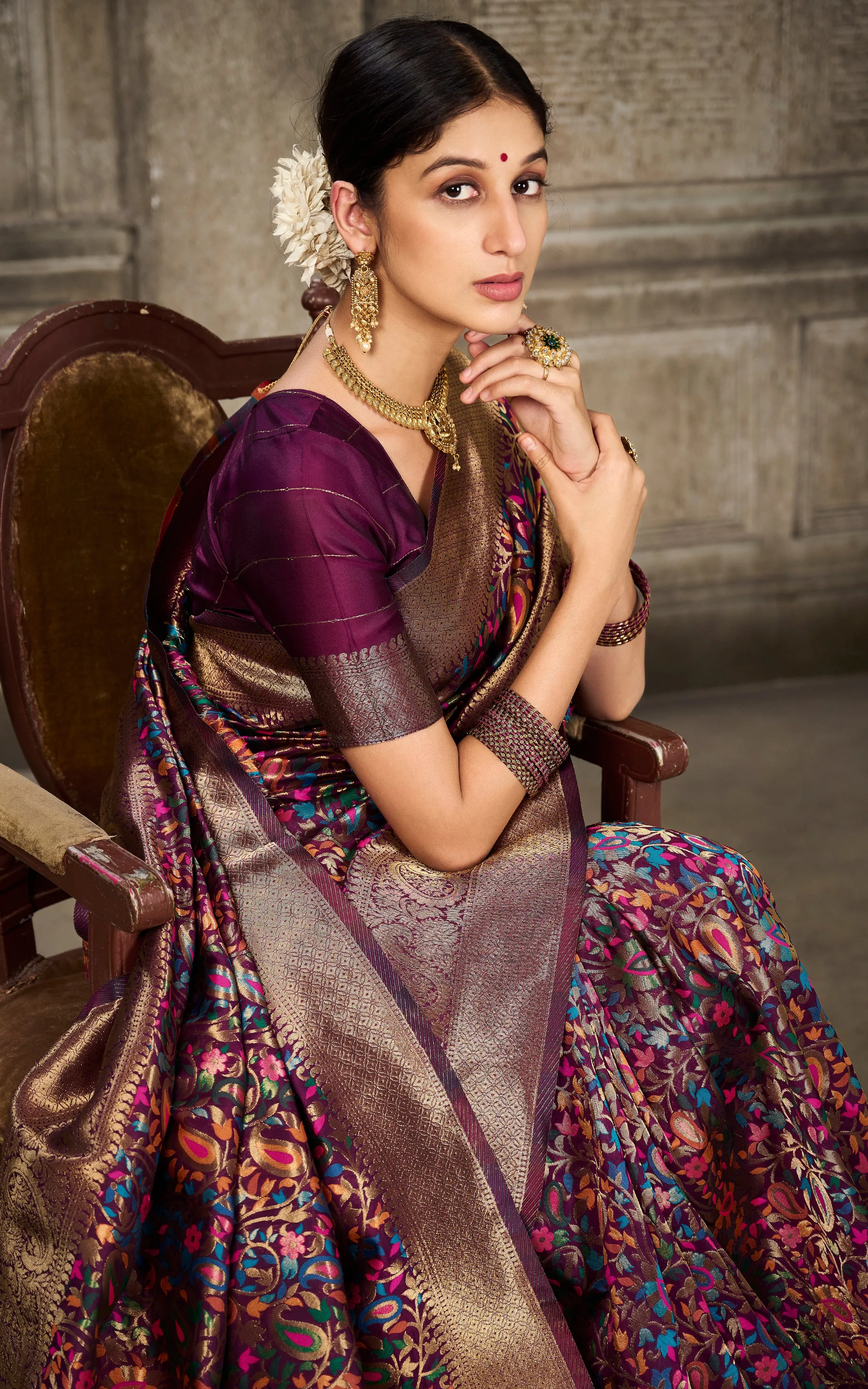 Woven Pashmina Silk Saree In Wine with Antique Gold and Multicolored Minakari Thread Work