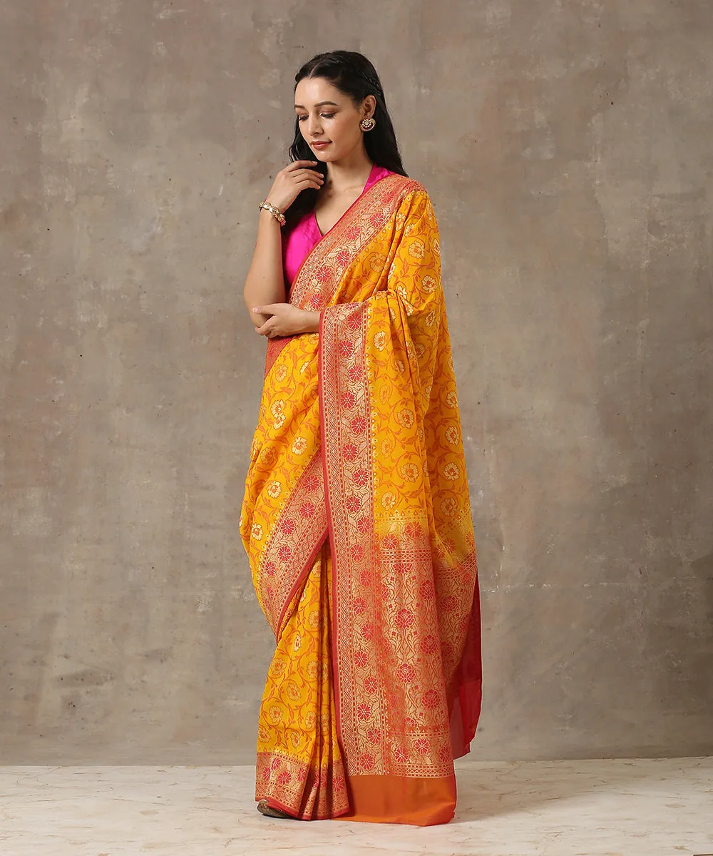 Yellow Handloom Katan Georgette Banarasi Patola Saree with Gold Boota