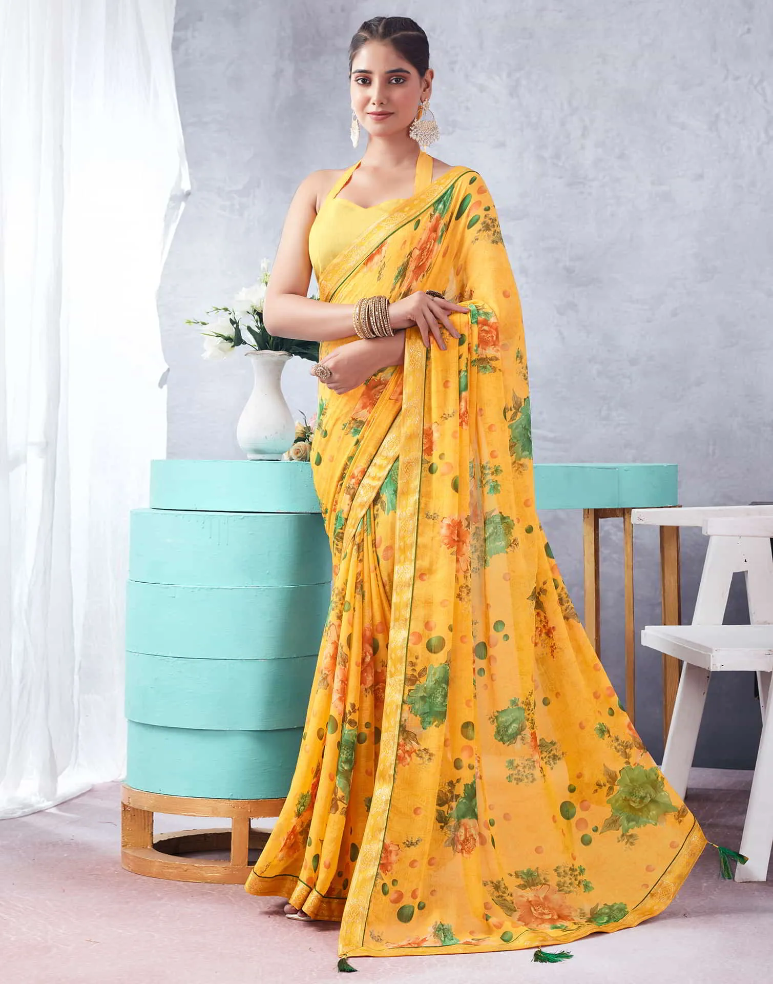 Yellow Printed Chiffon Saree