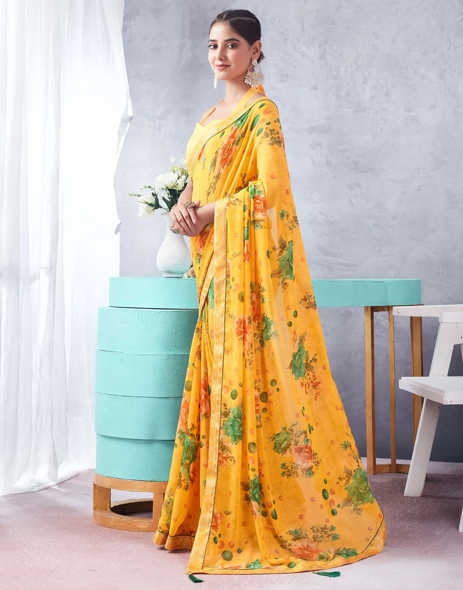 Yellow Printed Chiffon Saree